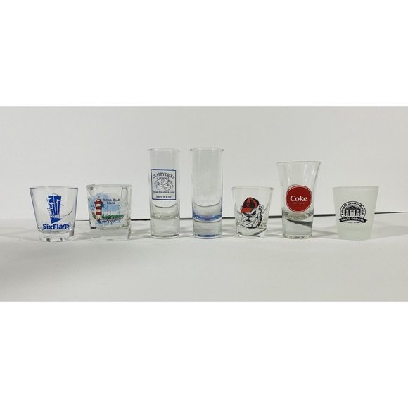 Lot Of 7 Assorted Shot Glasses Collection Souvenir Travel Coke Myrtle Hilton Hd - Picture 1 of 7